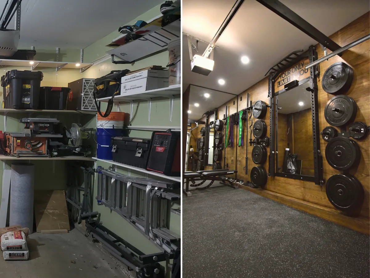 Garage converted to home gym before and after